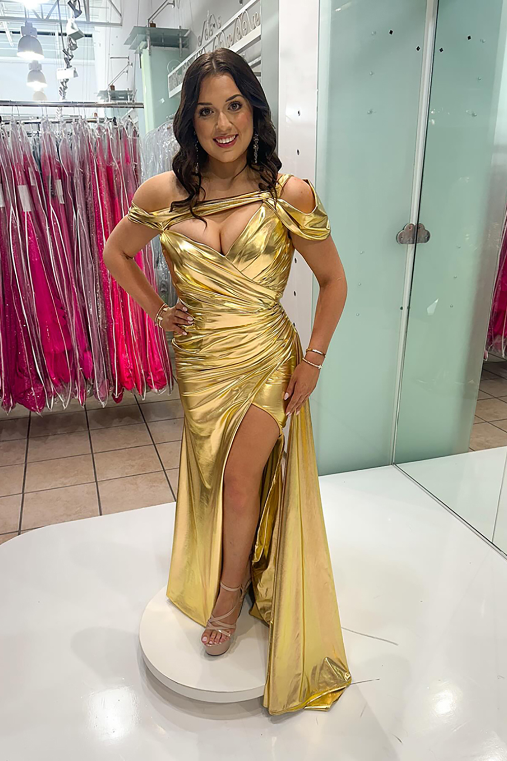 Gold Mermaid Metallic Ruched Long Prom Dress with Side Cape
