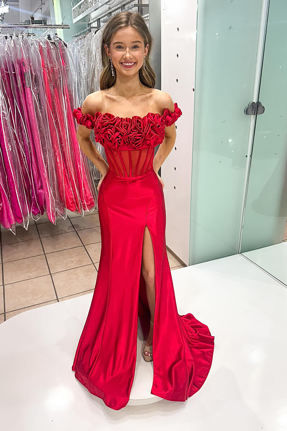 Floral Red Off the Shoulder Corset Mermaid Long Prom Dress with Slit