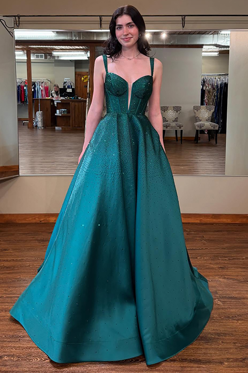 Sparkly Emerald Green Ball Gown Corset Long Prom Dress with Beading