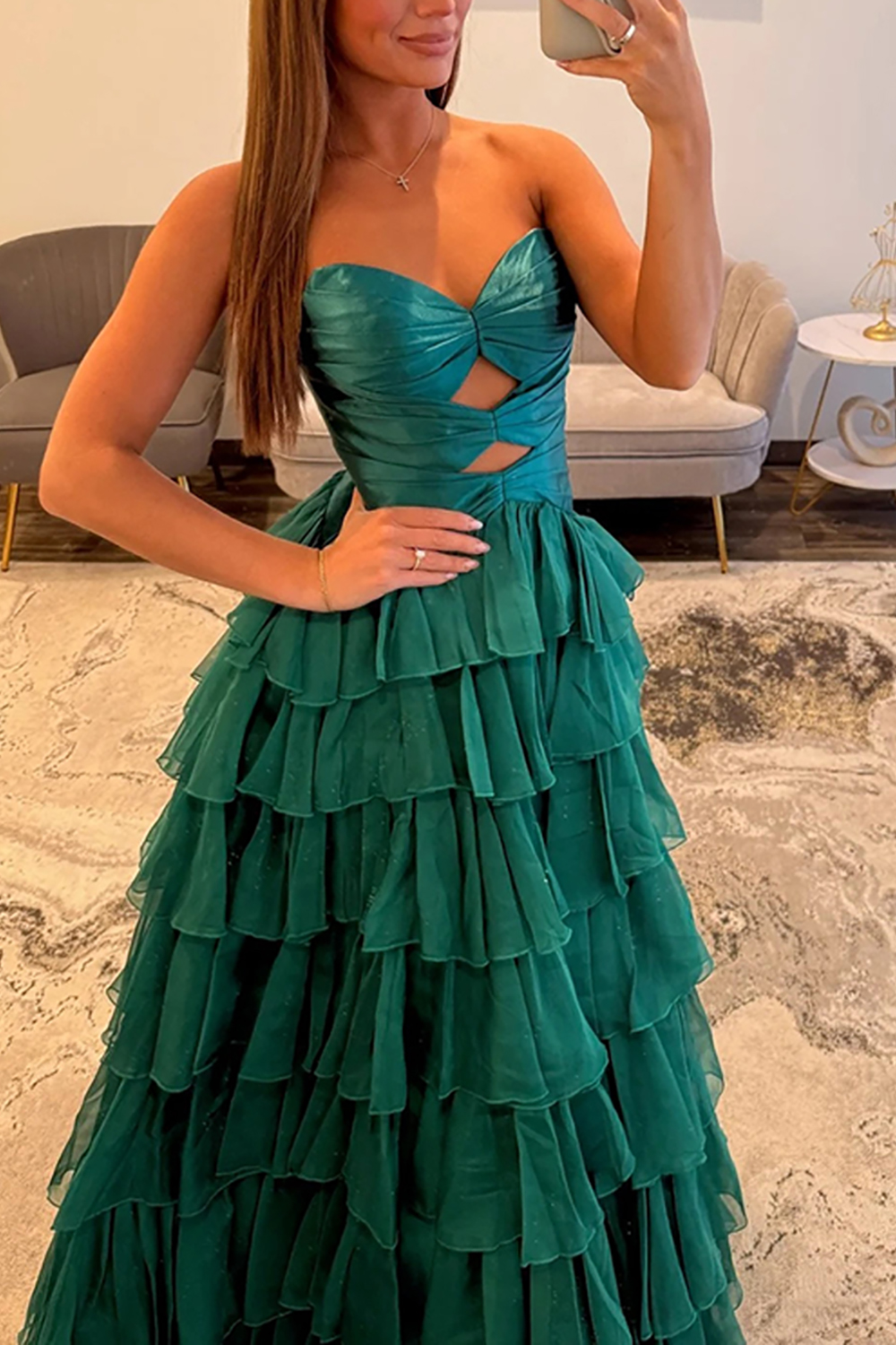 Fuchsia A-Line Sweetheart Tiered Cut Out Long Prom Dress with Slit