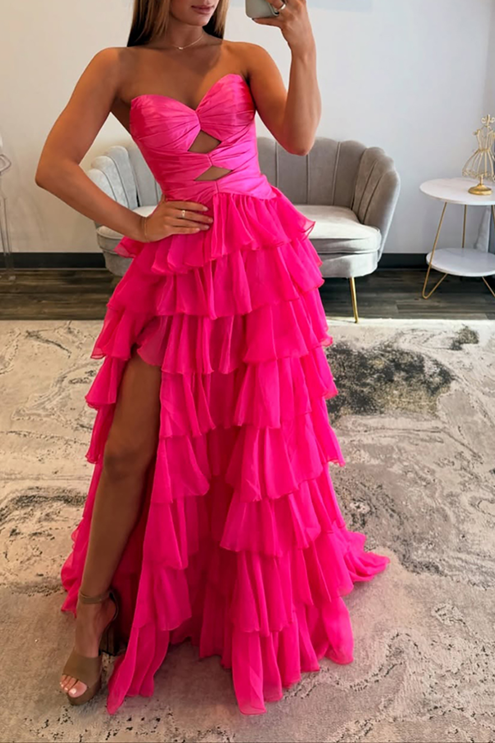 Hellymoon Women Fuchsia Chiffon Long Tiered Prom Dress with Slit Ruffled Cut Out A Line Sweetheart Formal Dress