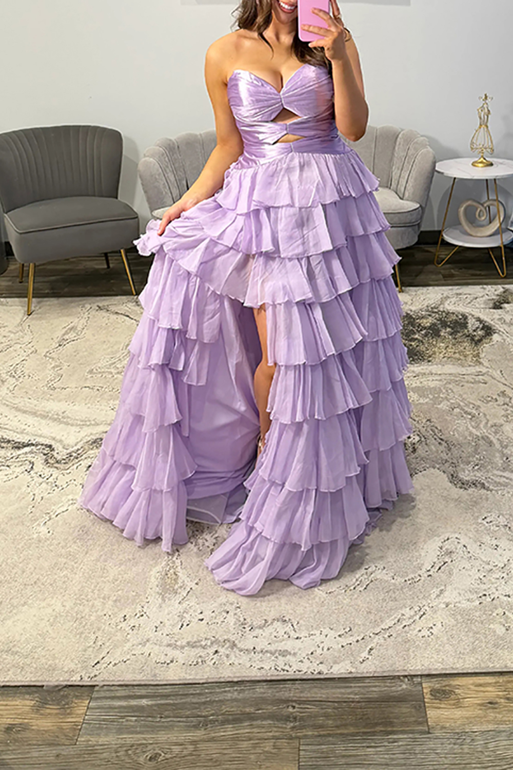 Fuchsia A-Line Sweetheart Tiered Cut Out Long Prom Dress with Slit