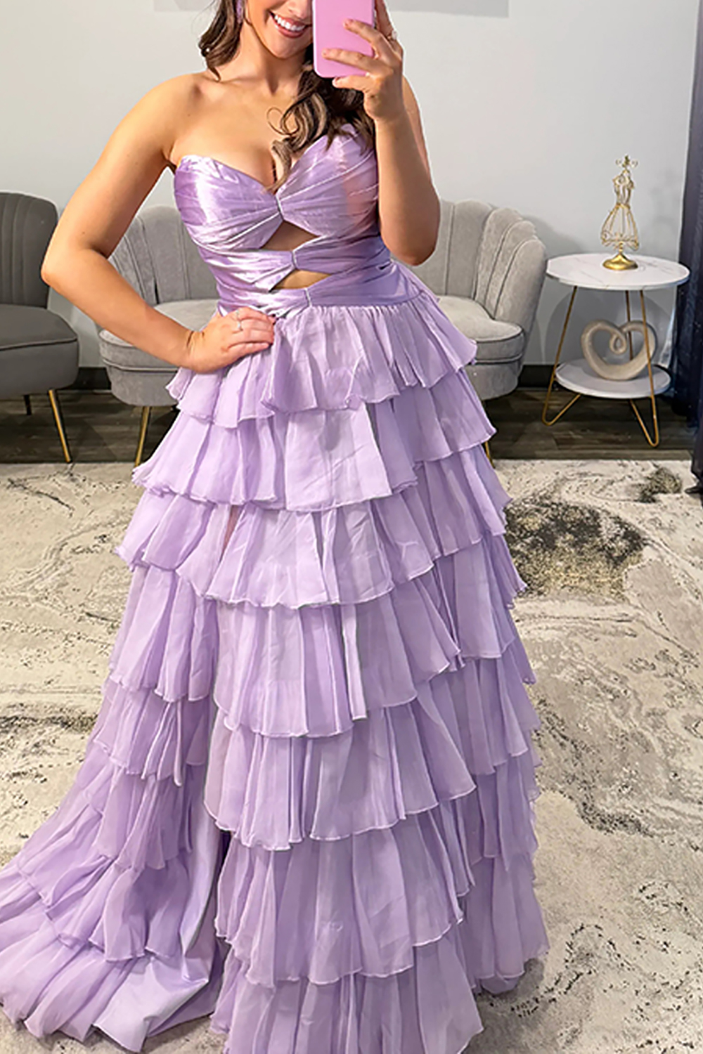 Fuchsia A-Line Sweetheart Tiered Cut Out Long Prom Dress with Slit