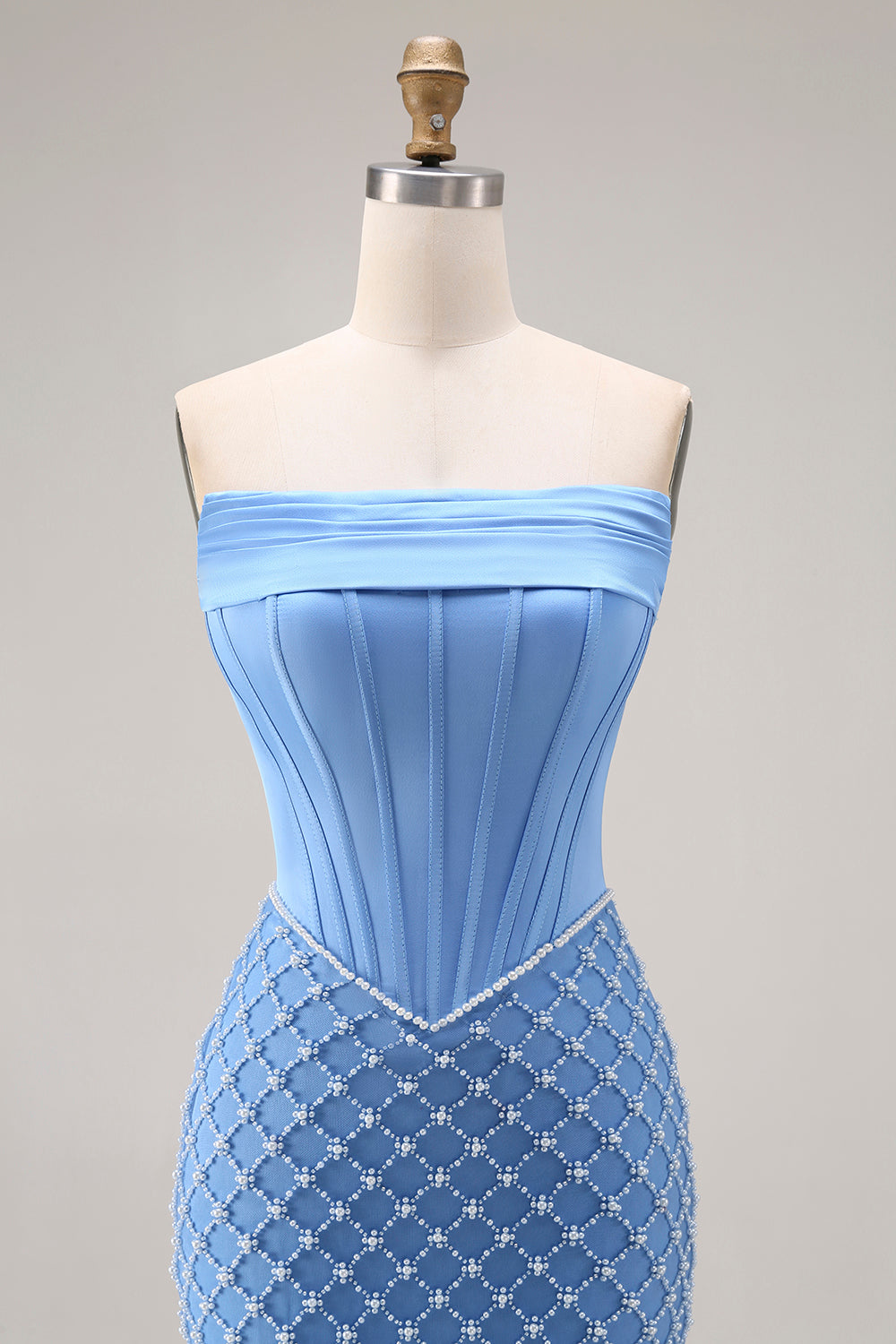 Sparkly Blue Strapless Pearls Corset Long Mermaid Prom Dress with Slit
