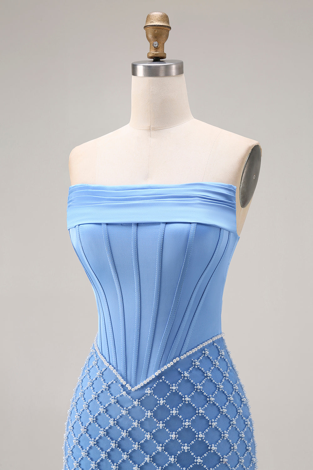 Sparkly Blue Strapless Pearls Corset Long Mermaid Prom Dress with Slit