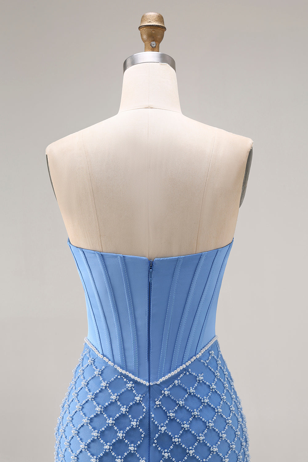 Sparkly Blue Strapless Pearls Corset Long Mermaid Prom Dress with Slit