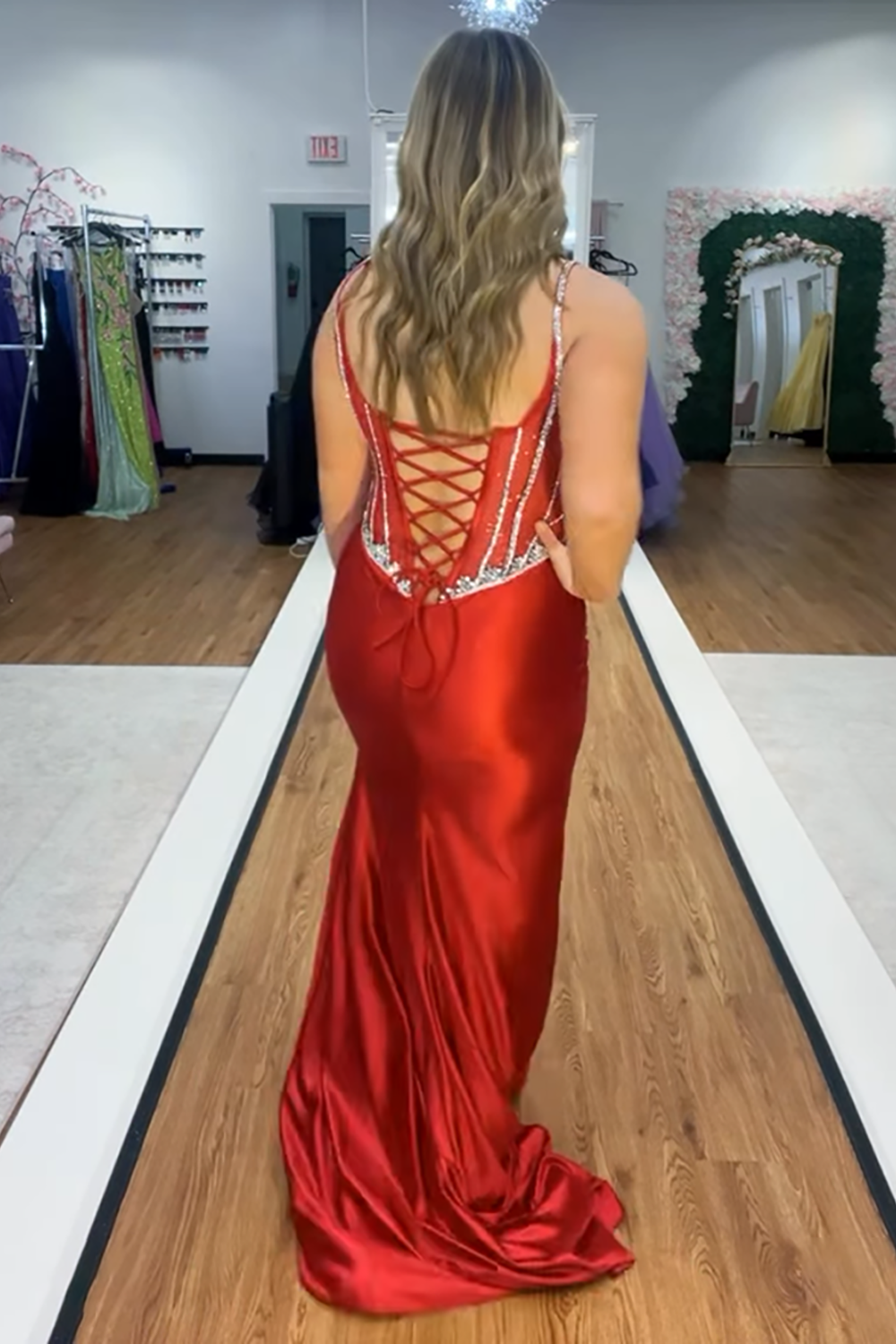 Sparkly Red Corset Mermaid Long Prom Dress with Slit