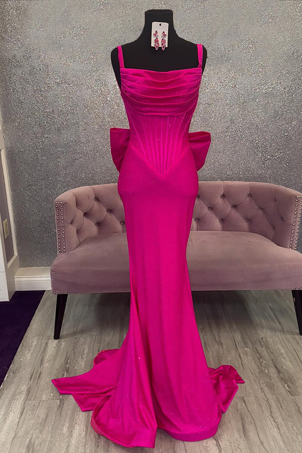 Glitter Corset Mermaid Fuchsia Square Neck Long Prom Dress with Bow