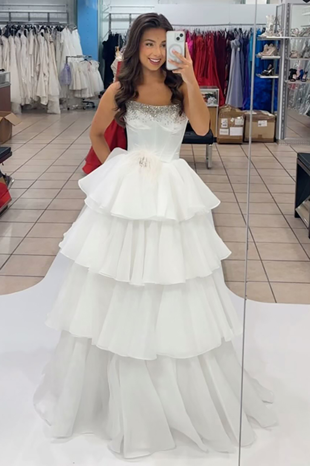 Sparkly White Ruffled Corset Strapless Long Prom Dress with Beading