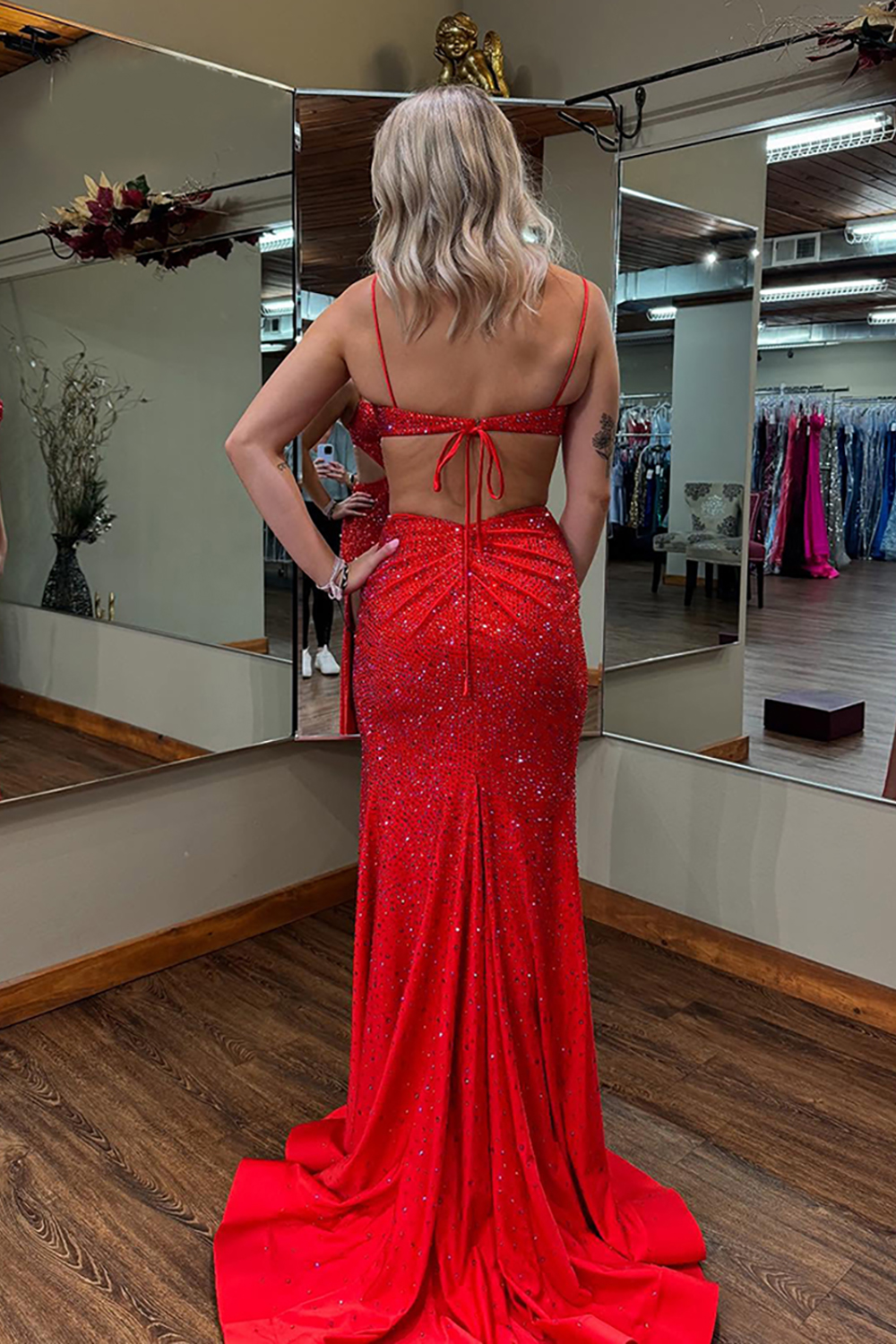 Sparkly Red Spaghetti Straps Cut-out Mermaid Long Prom Dress with Beading