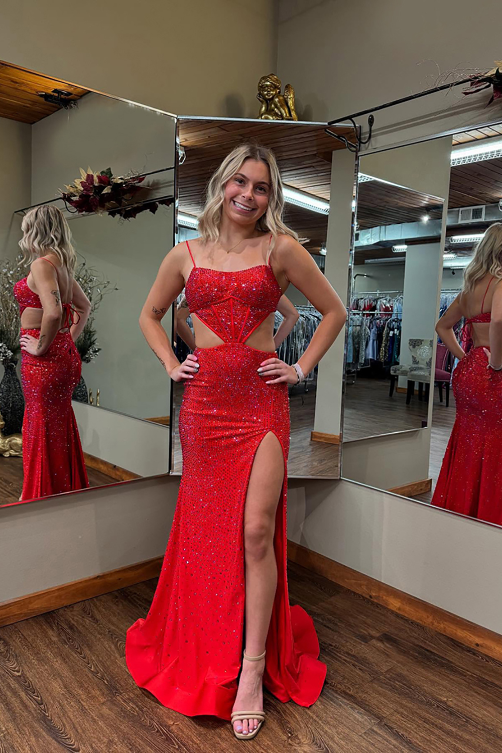Sparkly Red Spaghetti Straps Cut-out Mermaid Long Prom Dress with Beading