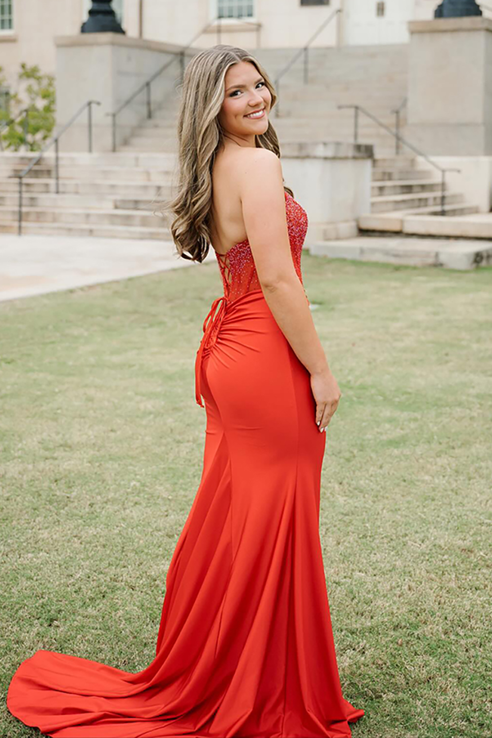 Sparkly Red Corset Strapless Mermaid Long Prom Dress with Slit