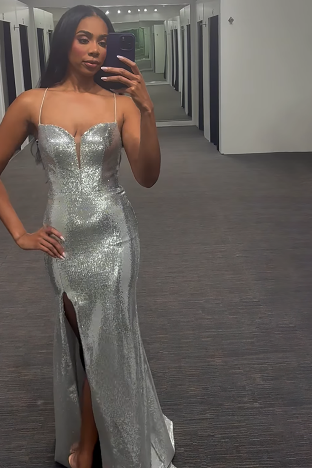 Sparkly Silver Sequins Mermaid Spaghetti Straps Long Prom Dress with Slit