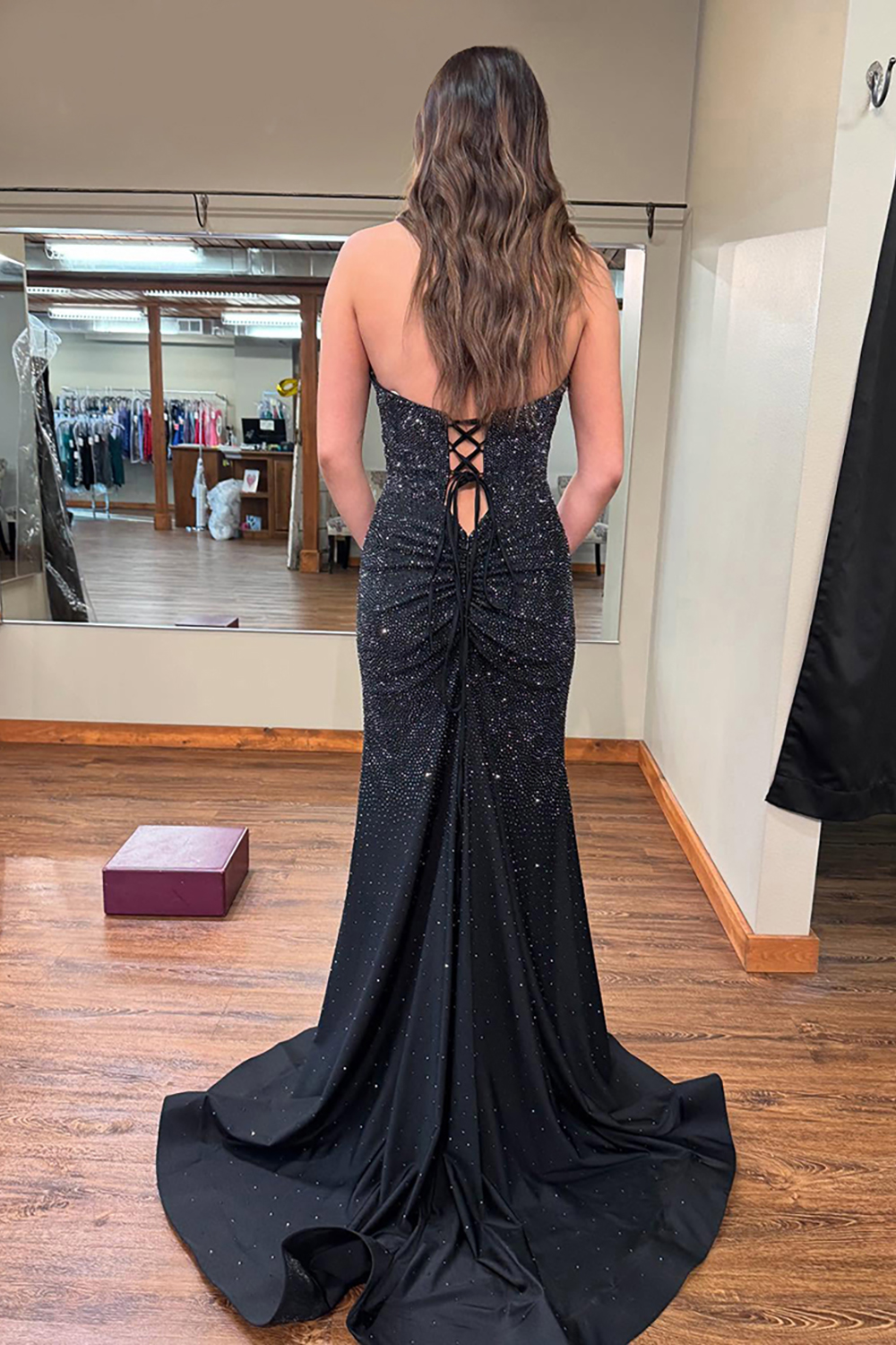 Sparkly Black Beaded Deep V-Neck Long Prom Dress with Slit