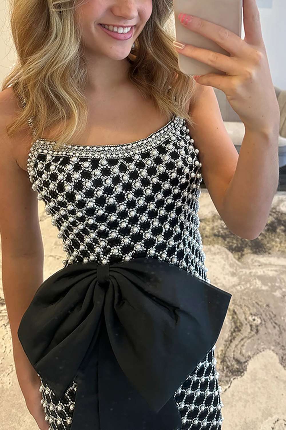 Sparkly Black Pearls Mermaid Spaghetti Straps Long Prom Dress with Bow