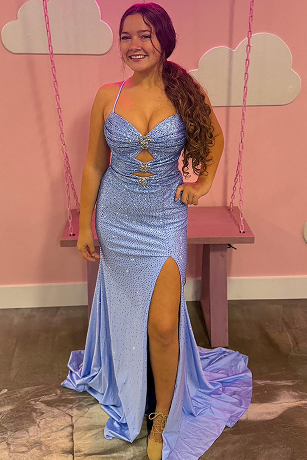 Sparkly Blue Cut Out Mermaid V-Neck Long Prom Dress with Slit
