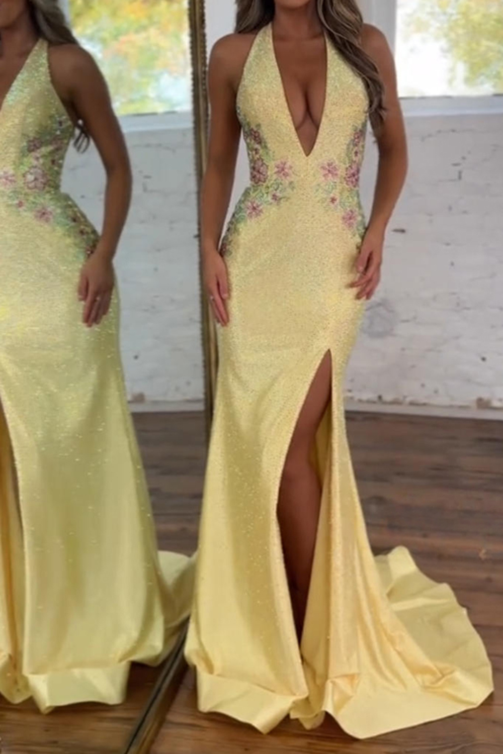 Floral Yellow Mermaid Satin Halter Long Sparkly Prom Dress with Beading