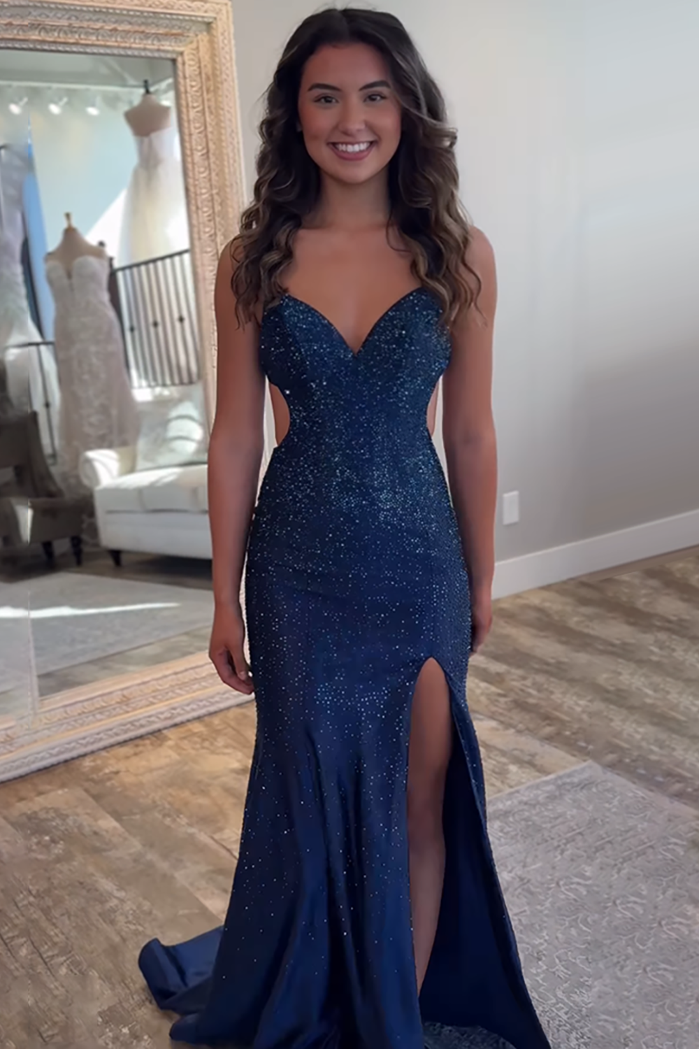 Sparkly Navy Mermaid Beaded Long Prom Dress with Slit