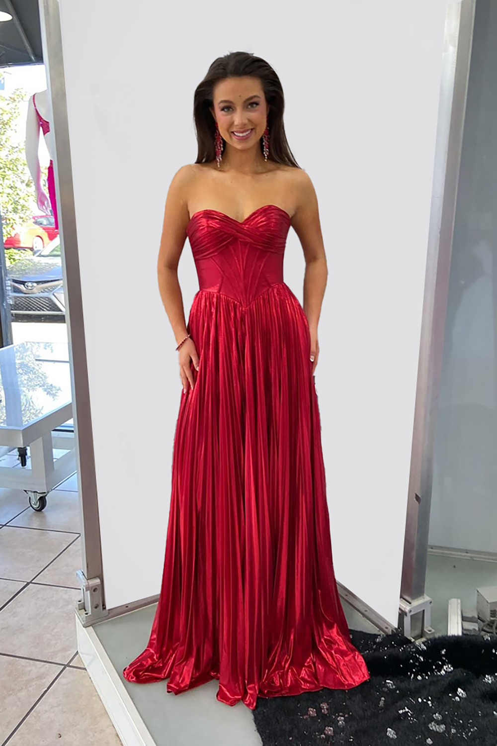 Red Corset Sweetheart Metallic Pleated Long Prom Dress