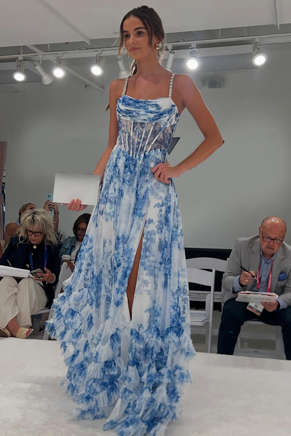 Floral Blue Corset A Line Ruffled Long Prom Dress with Slit