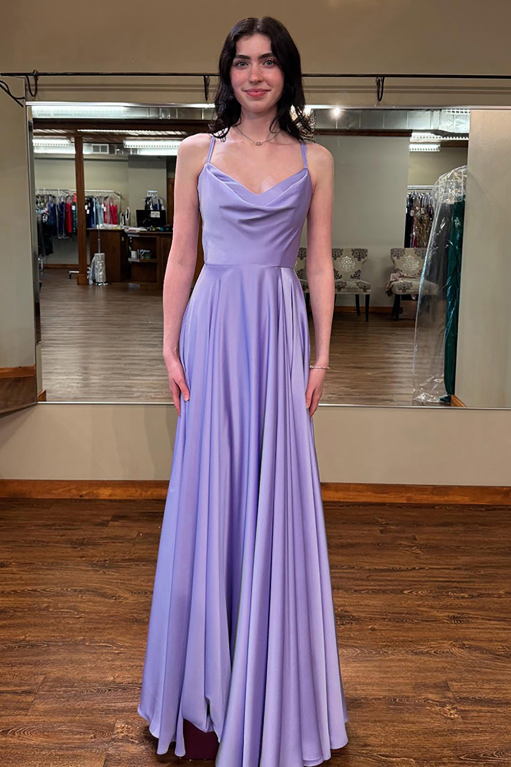 Lilac Satin Ruffled Spaghetti Straps A Line Long Prom Dress