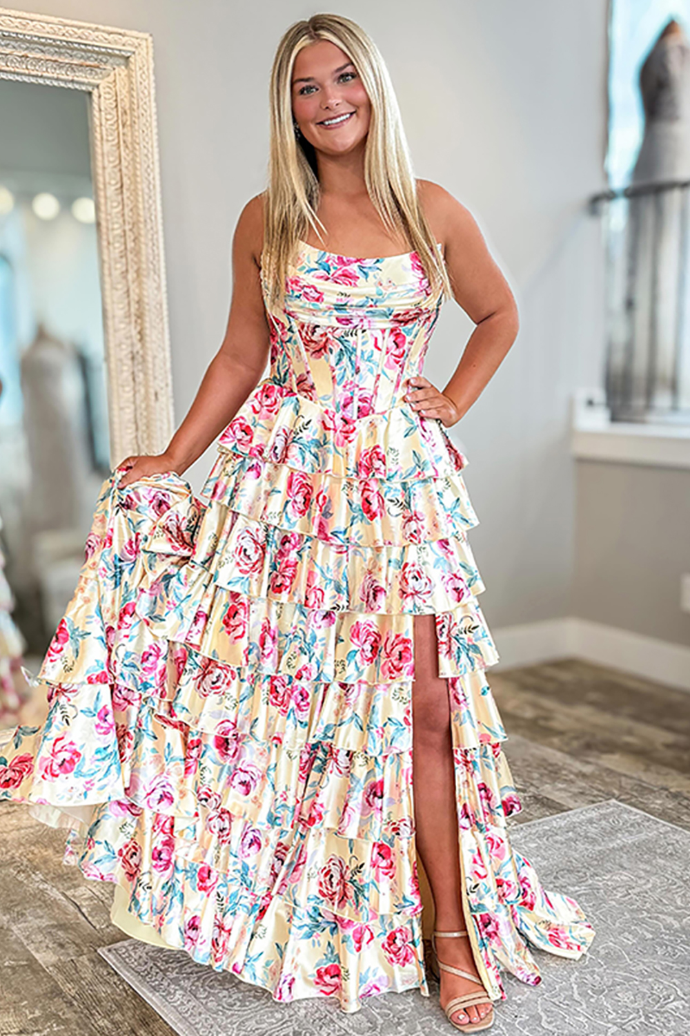 Floral Yellow Ruffled Corset Printed Ball Gown Long Prom Dress with Slit