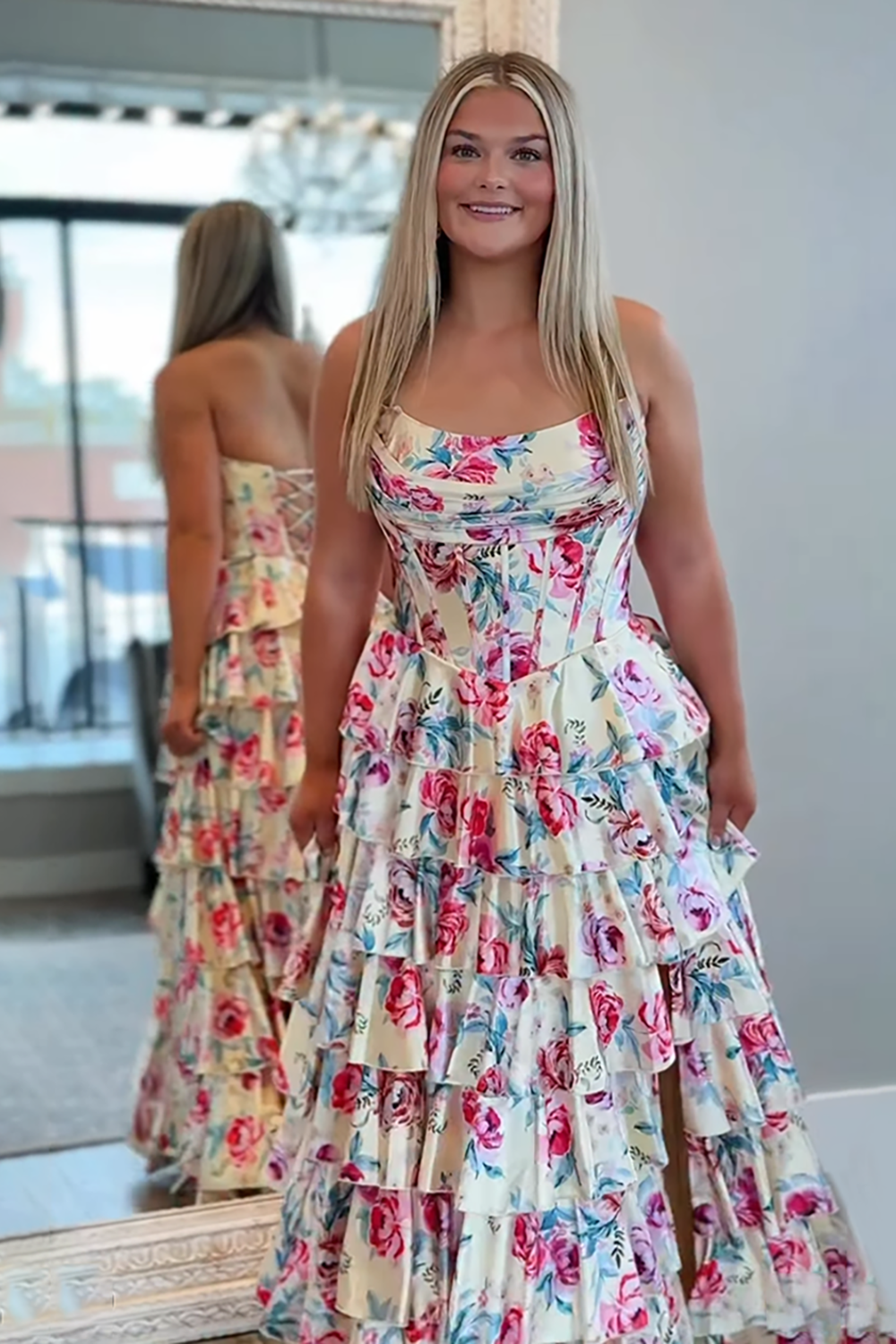 Floral Yellow Ruffled Corset Printed Ball Gown Long Prom Dress with Slit