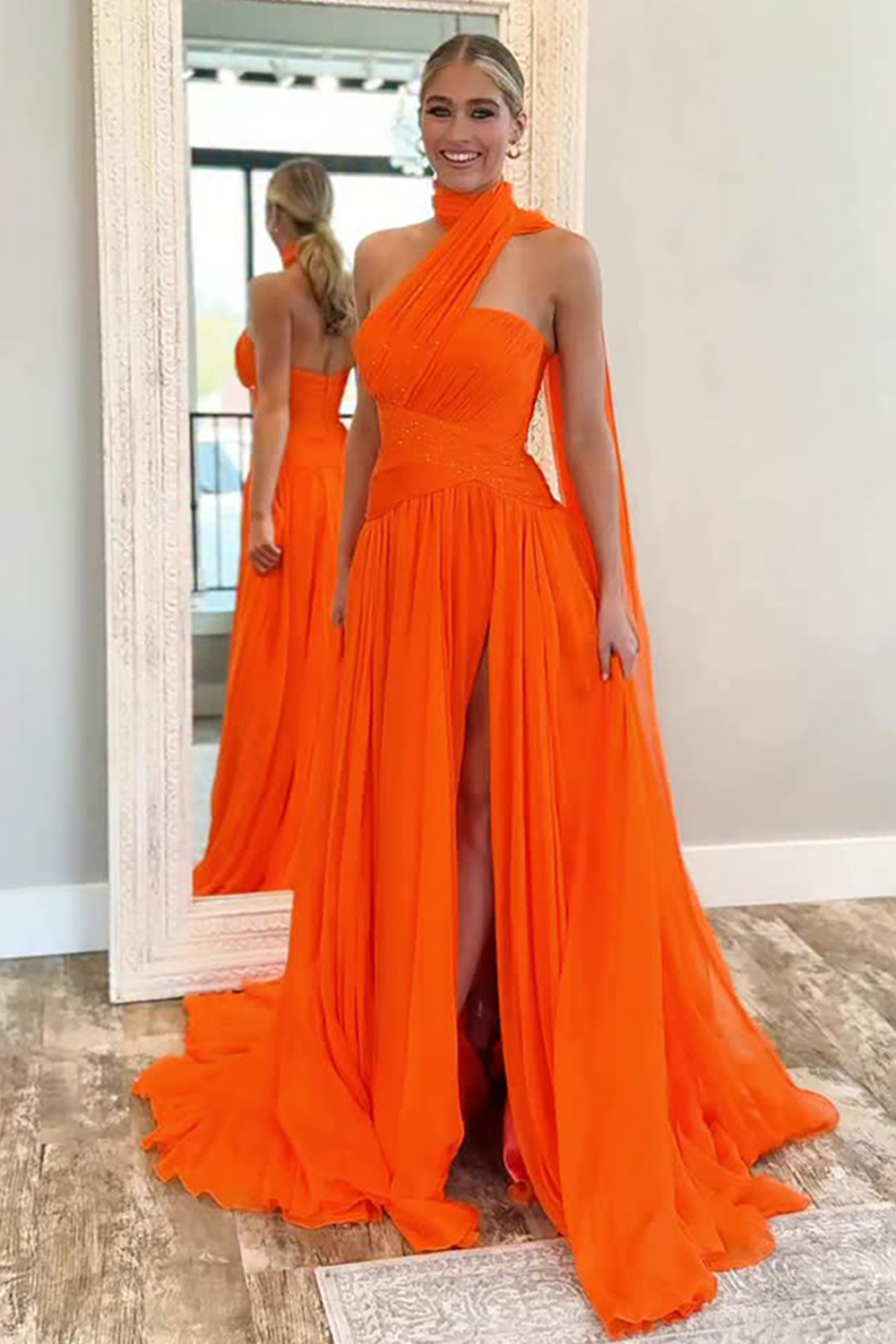 Sparkly Beaded Orange Strapless A Line Long Prom Dress with Slit