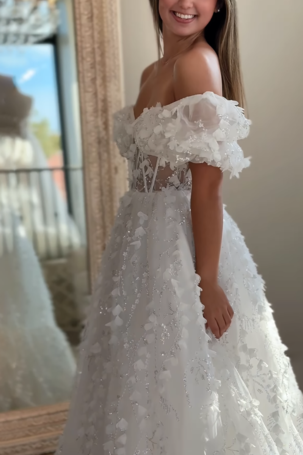 Floral White Off the Shoulder Corset Long Prom Dress