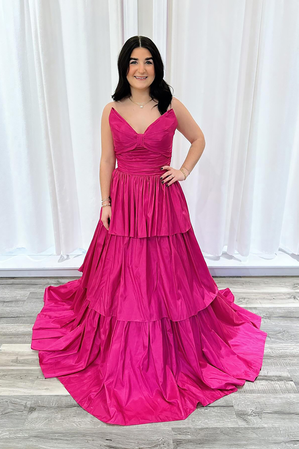 Fuchsia Strapless Tiered A Line Long Prom Dress with Bow