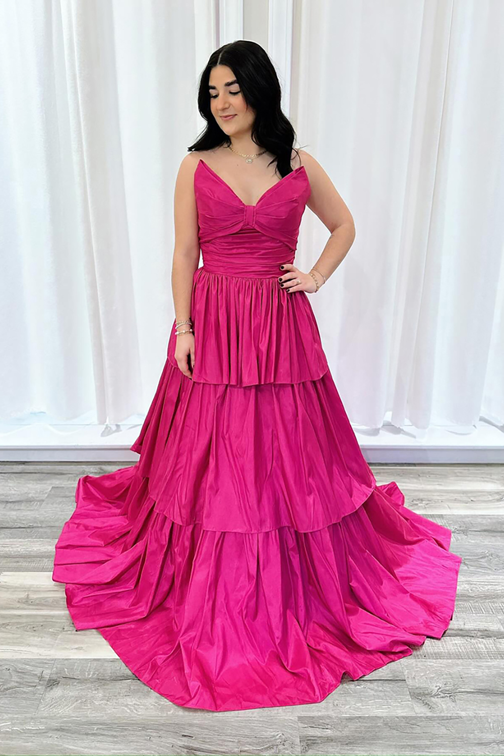 Fuchsia Strapless Tiered A Line Long Prom Dress with Bow