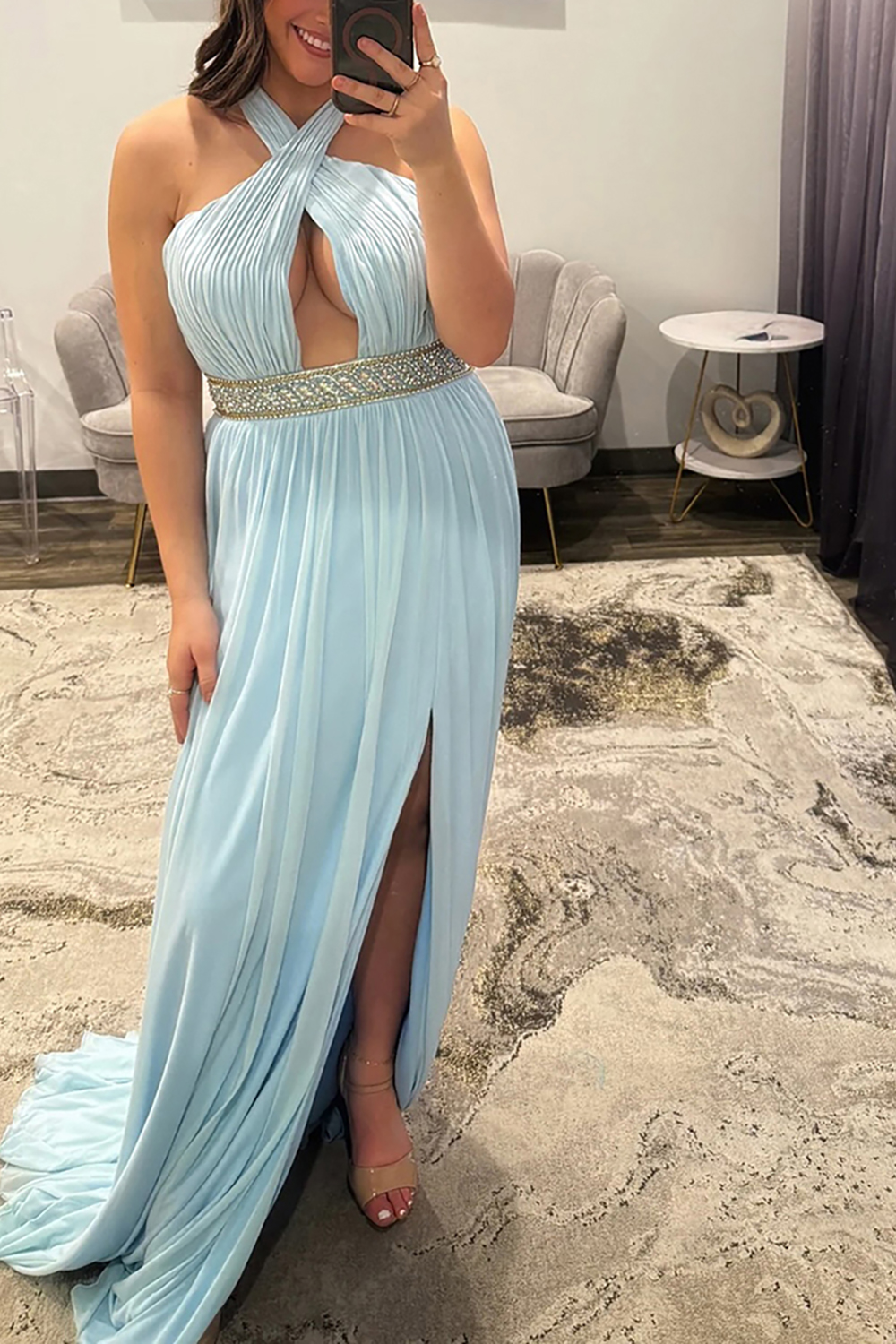 Sparkly Light Blue Halter Beaded Sheath Long Prom Dress with Slit