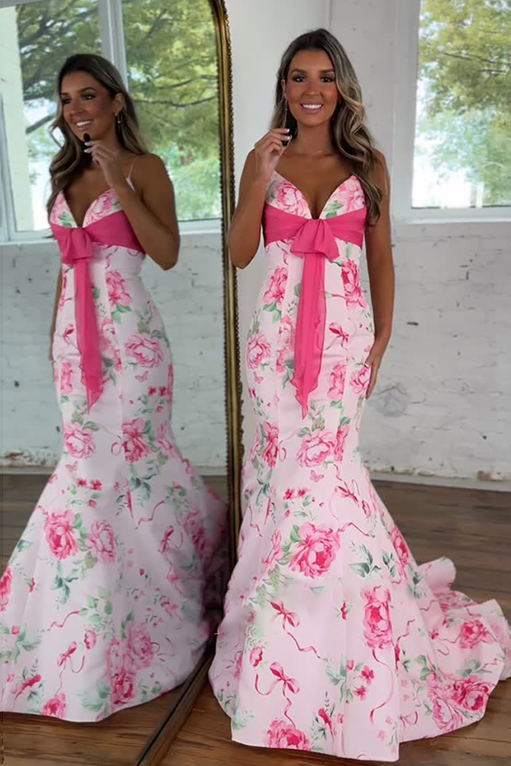 Floral White Red Mermaid Spaghetti Straps Long Prom Dress with Bow