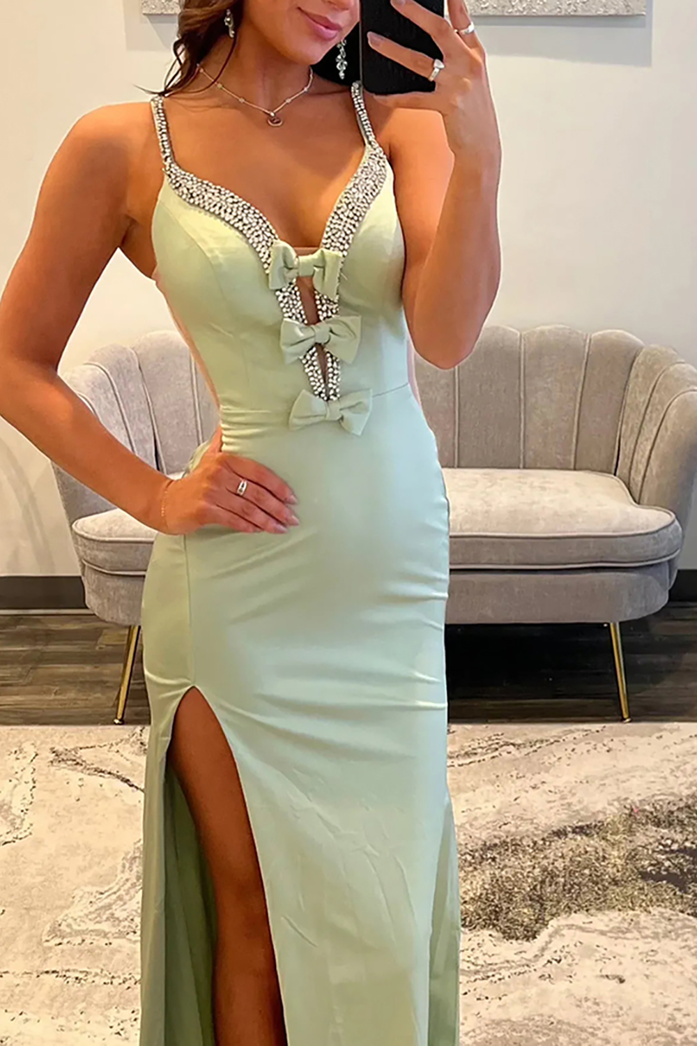 Sparkly Sage Beaded Corset Bowknot Long Satin Prom Dress with Slit