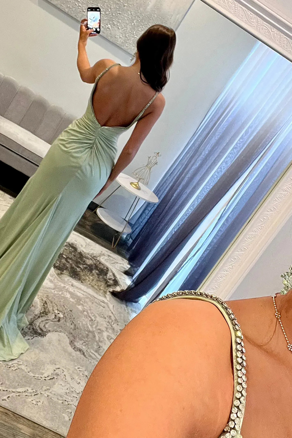 Sparkly Sage Beaded Corset Bowknot Long Satin Prom Dress with Slit