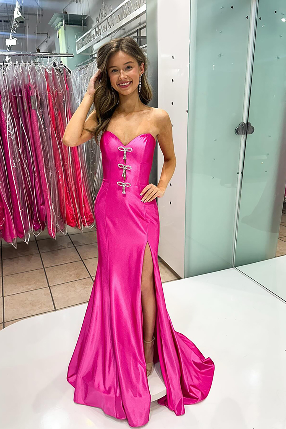 Sparkly Fuchsia Beaded Mermaid Sweetheart Long Prom Dress with Bows