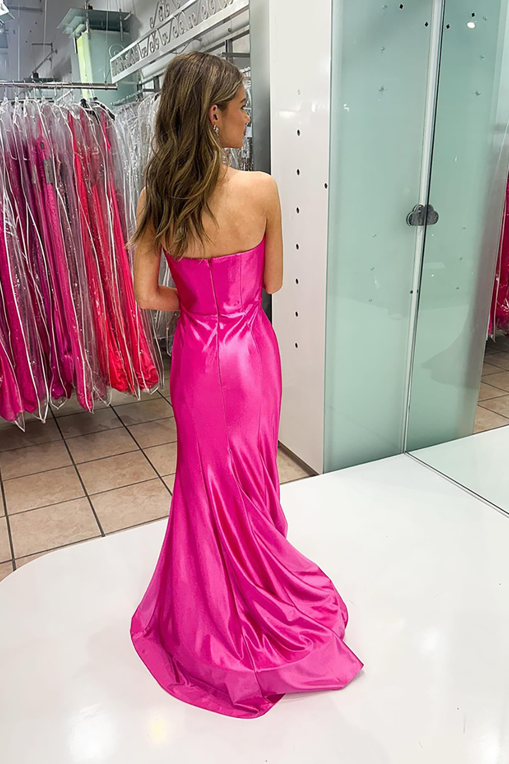 Sparkly Fuchsia Beaded Mermaid Sweetheart Long Prom Dress with Bows