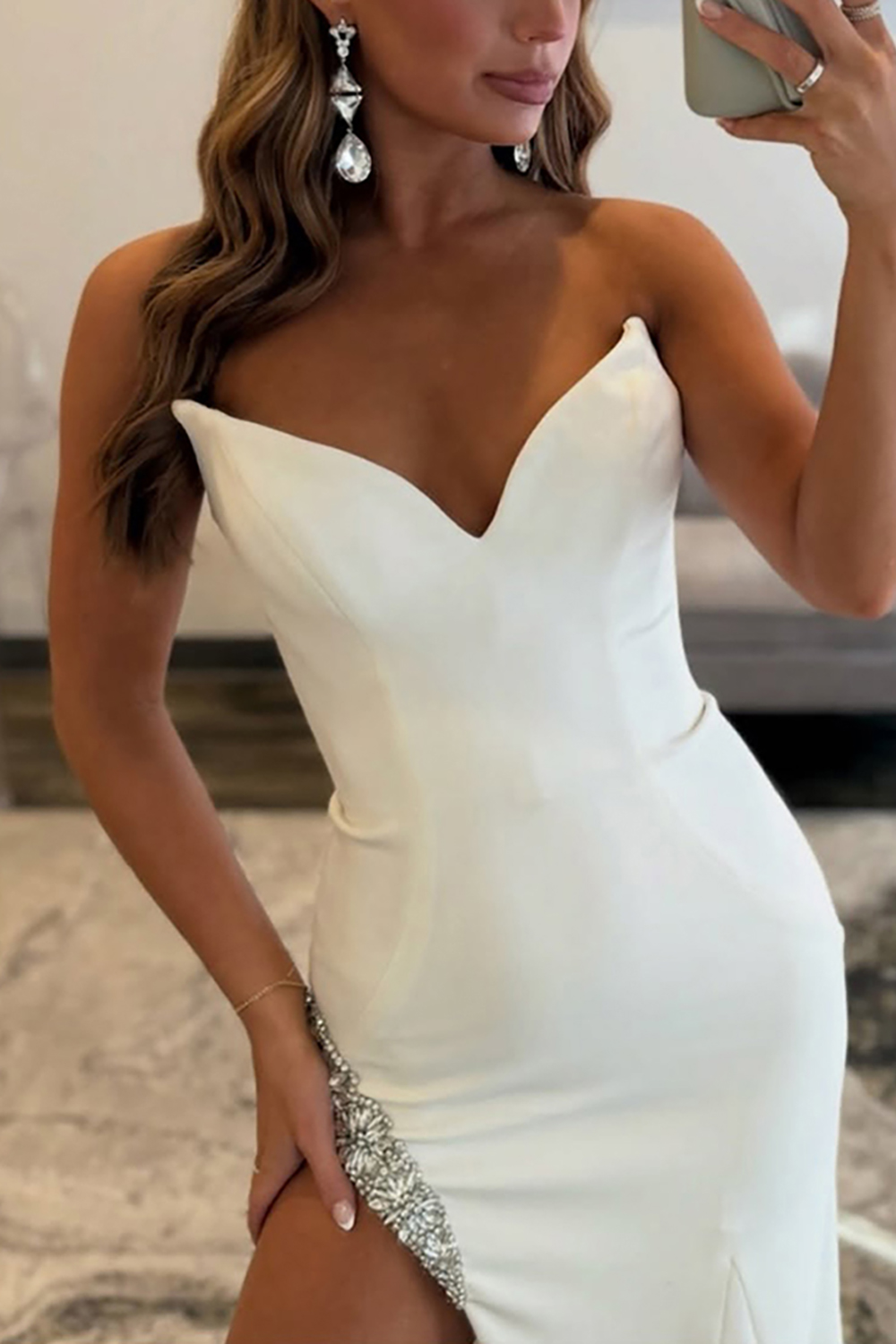 White Strapless Mermaid Appliqued Long Prom Dress with Slit