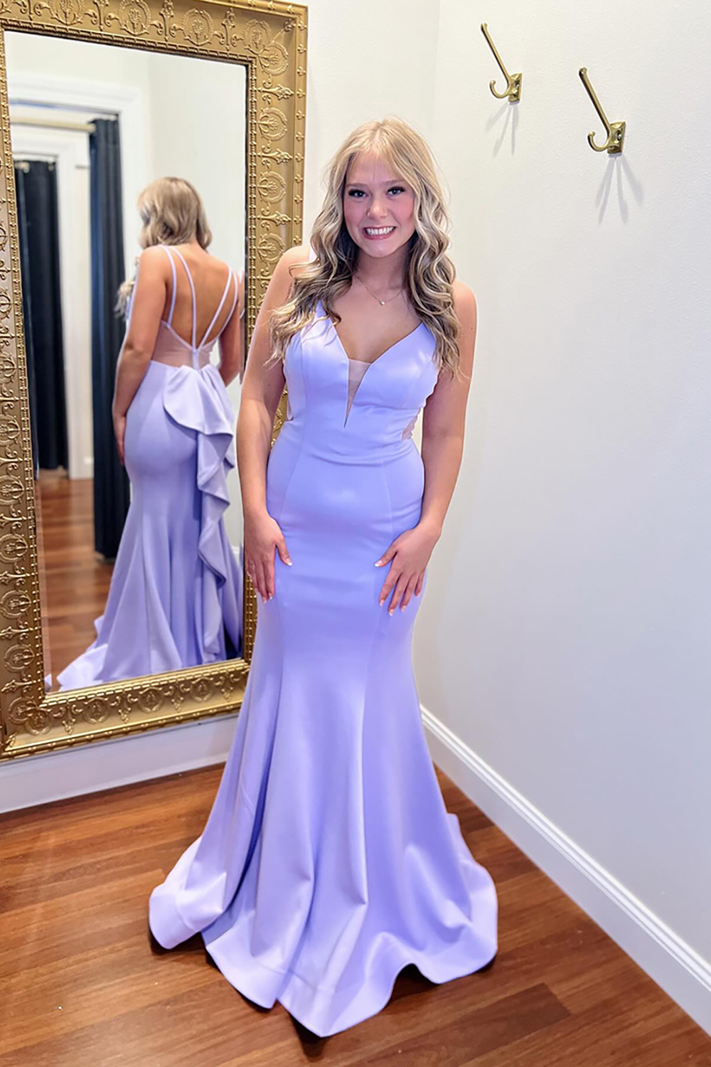 Mermaid Lilac V-Neck Ruffled Satin Long Prom Dress