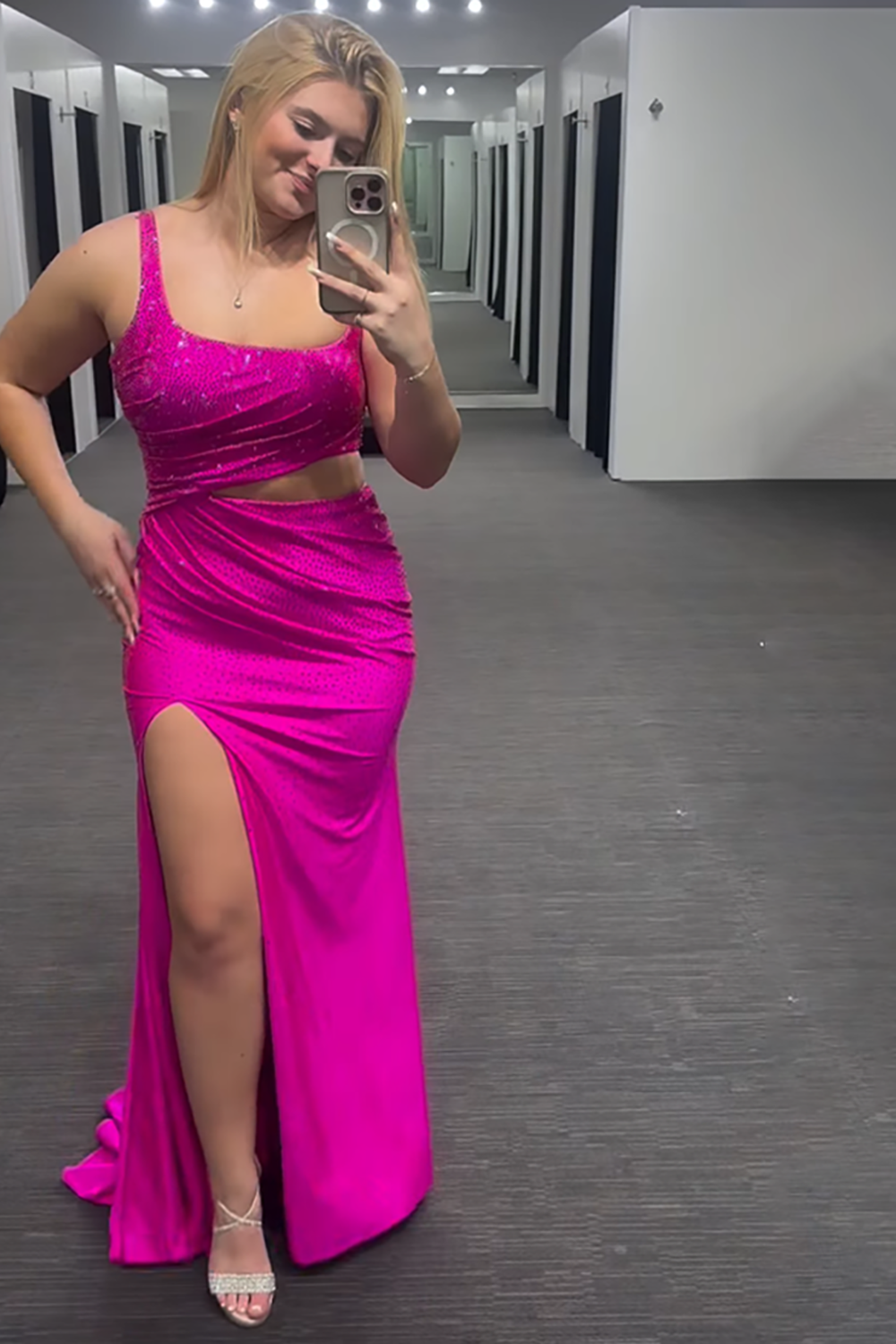 Sparkly Fuchsia Beaded Mermaid Cut Out Long Prom Dress with Slit