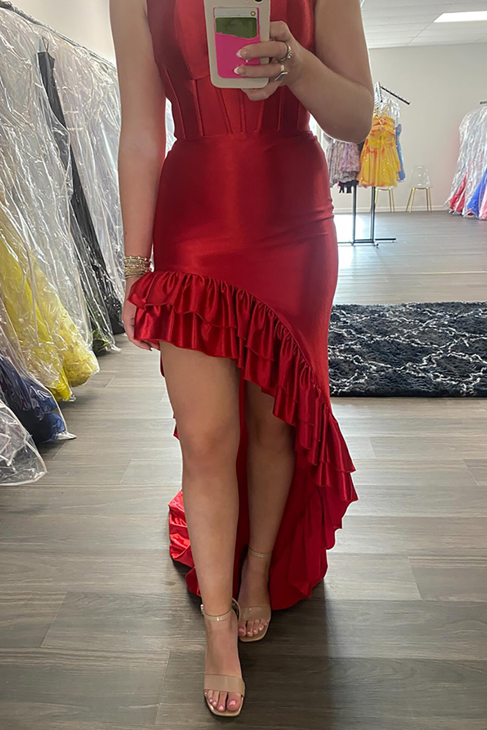 Red Mermaid Corset Asymmetrical Long Prom Dress with Ruffles