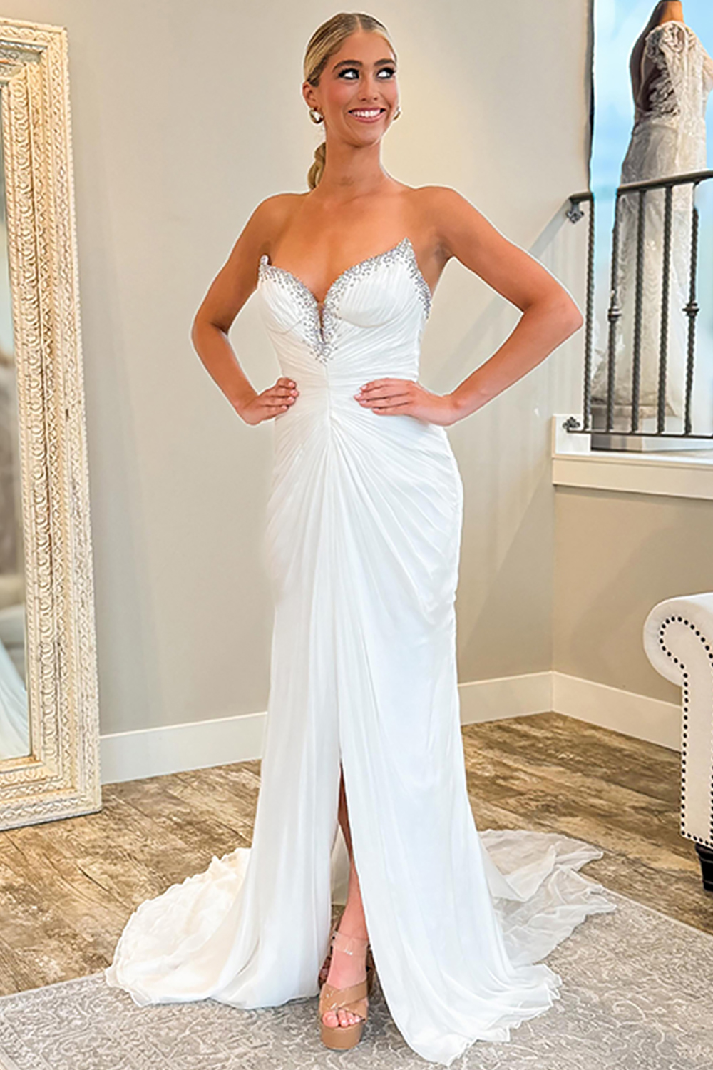 Sparkly White Mermaid Beaded Sweetheart Long Prom Dress with Slit