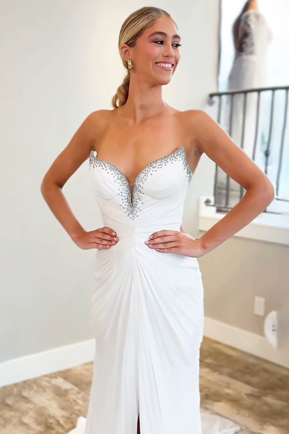 Sparkly White Mermaid Beaded Sweetheart Long Prom Dress with Slit