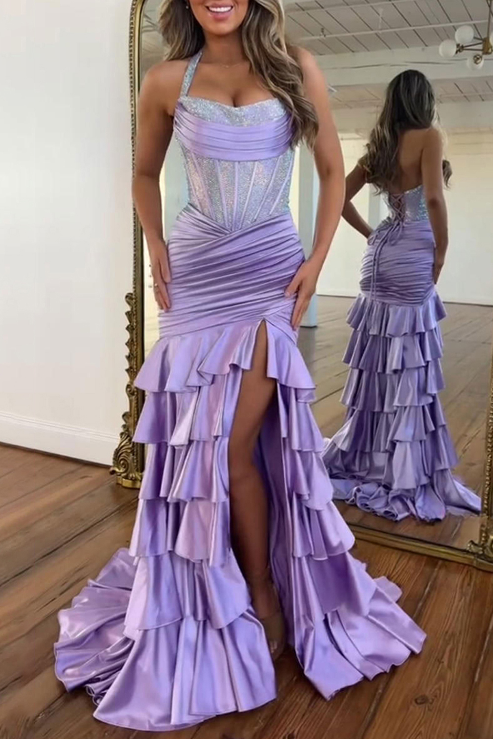 Sparkly Red Satin Mermaid Halter Beaded Long Corset Prom Dress with Slit