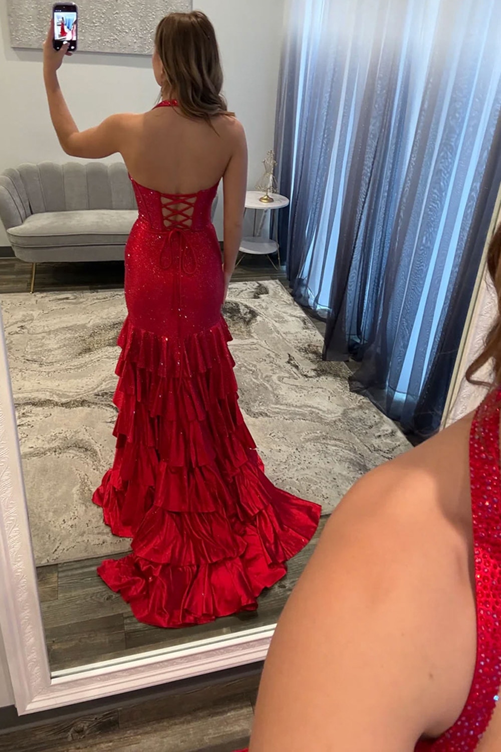 Sparkly Red Corset Ruffled Halter Long Prom Dress with Slit