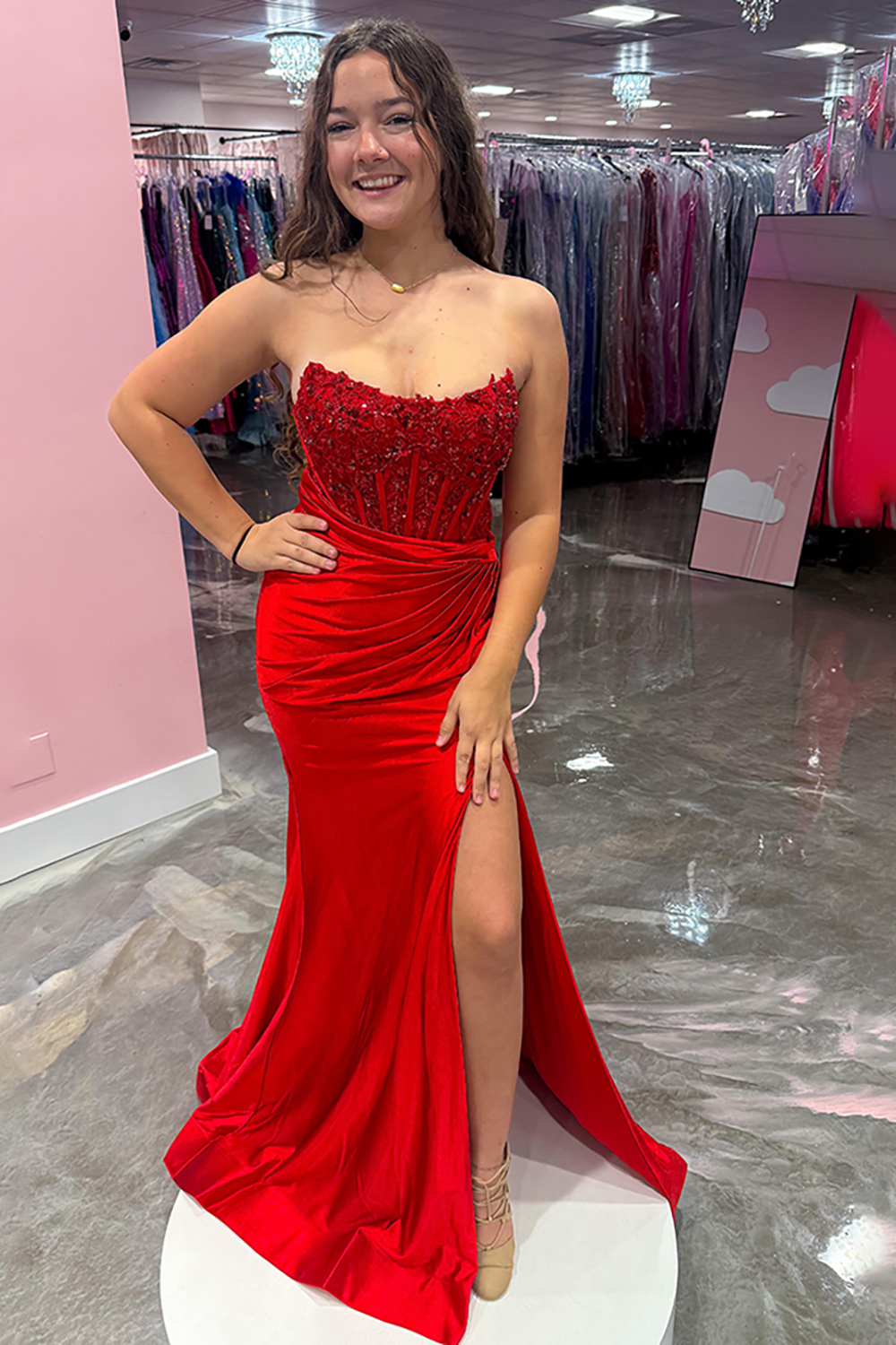Sparkly Red Mermaid Corset Strapless Long Prom Dress with Slit
