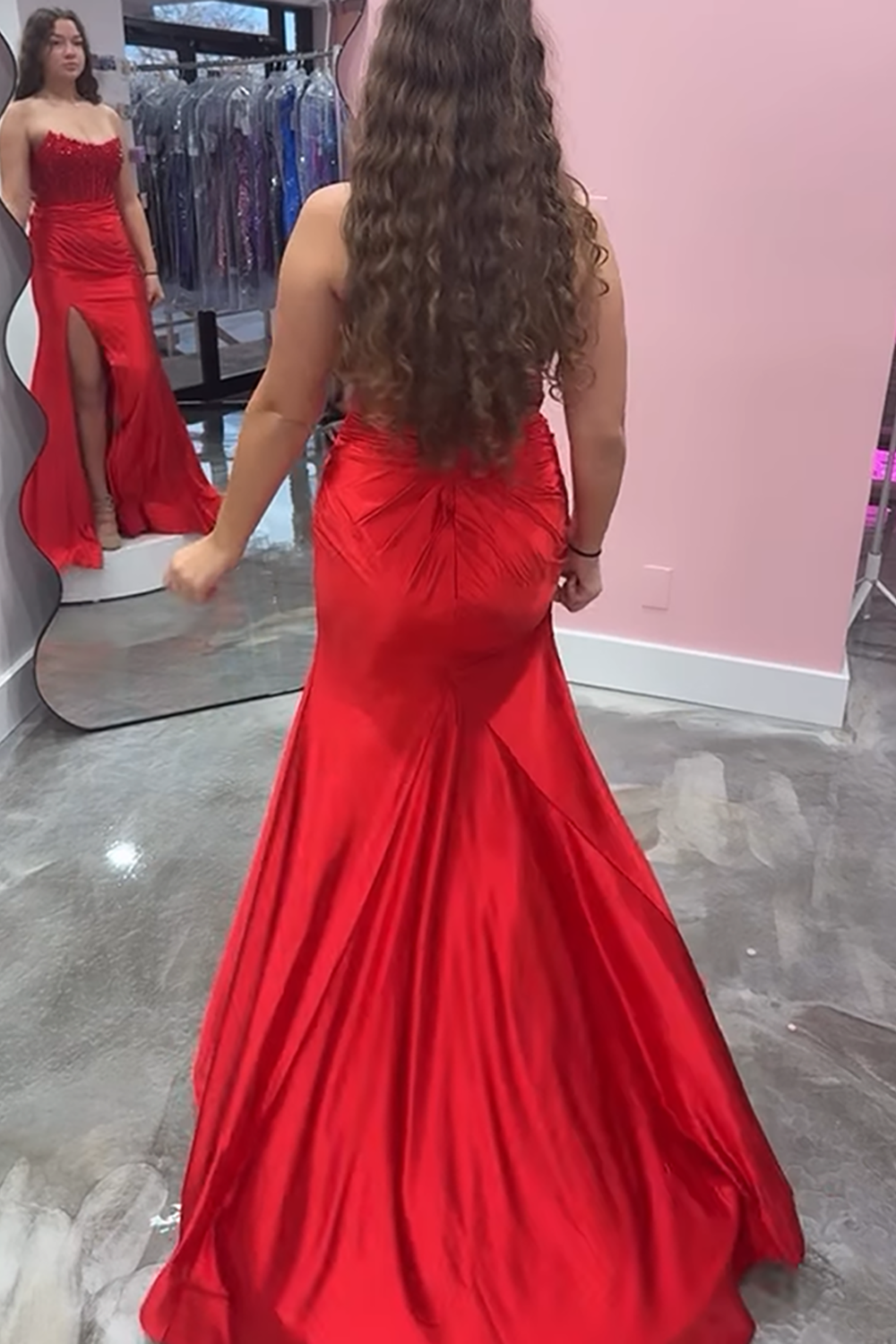 Sparkly Red Mermaid Corset Strapless Long Prom Dress with Slit