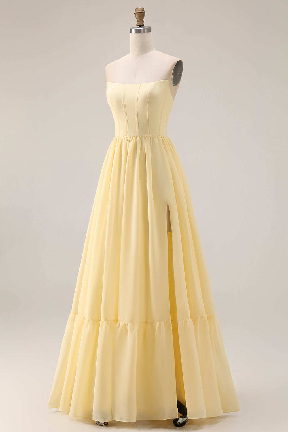 Yellow A Line Strapless Chiffon Long Corset Prom Dress with Slit