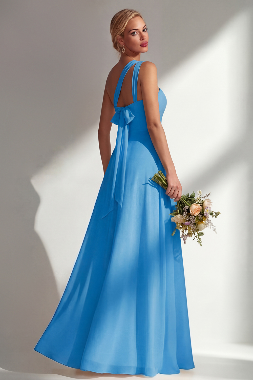 Yellow A Line Backless Ruched Convertible Wear Long Chiffon Prom Dress