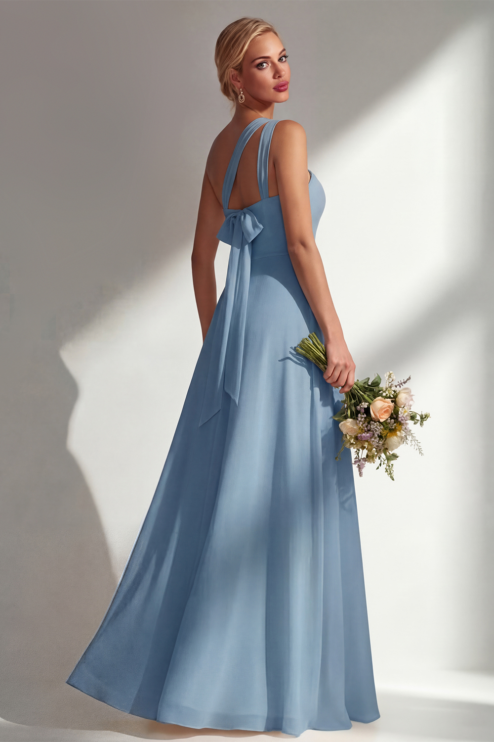 Yellow A Line Backless Ruched Convertible Wear Long Chiffon Prom Dress